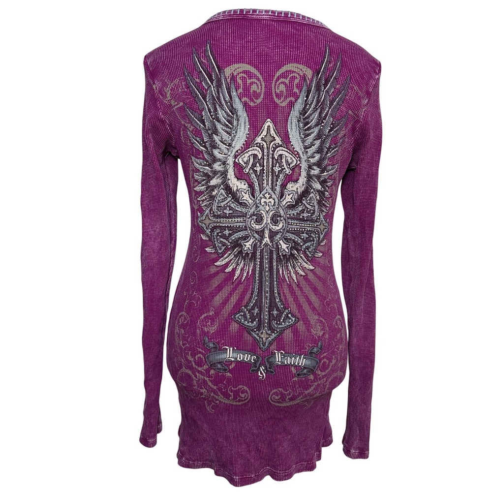 Vocal Purple Thermal Tunic Top Rhinestone Cross Wings Large Y2K Grunge Goth Rock - Picture 2 of 12